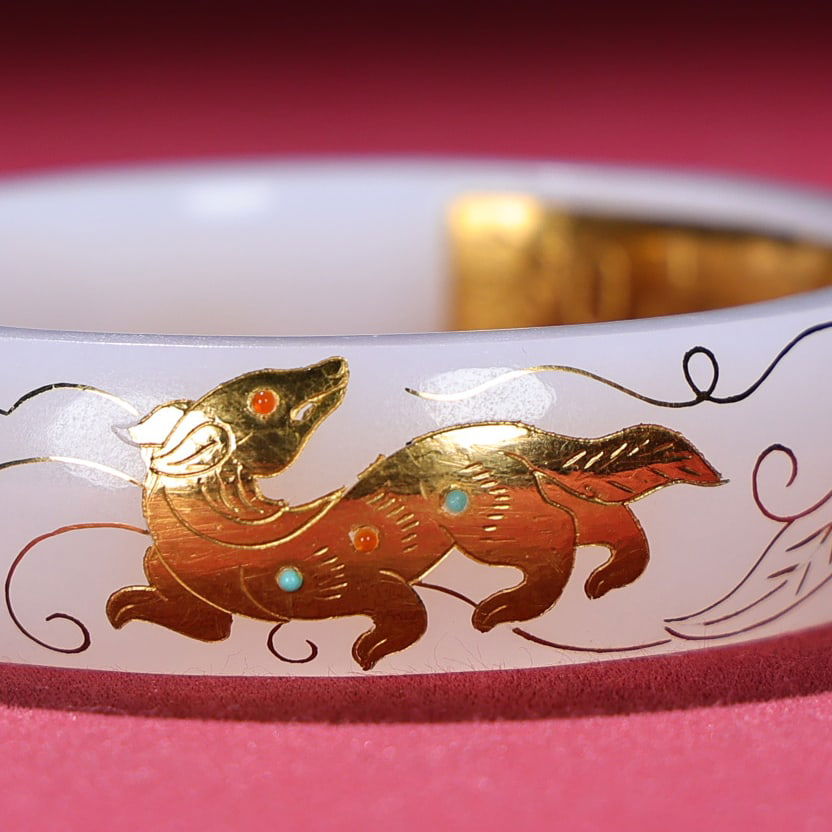 Inside Diameter 54mm Hetian jade inlay Gold,Silver Wire & Gem Bracelet - 7