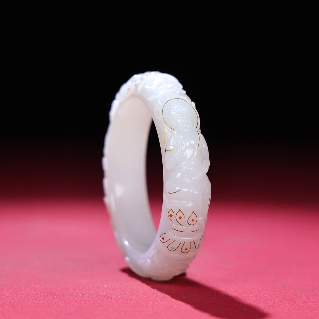 Inside Diameter 54mm Hetian jade inlay Gold,Silver Wire Gem Buddha Bracelet: Title: Inside Diameter 54mm Hetian jade inlay Gold,Silver Wire Gem Buddha Bracelet Origin: Chinese Date/Period: After1900 Materials: Hetian jade,Gold,Silver Wire,Gem Dimensions: 74x15x9(mm)