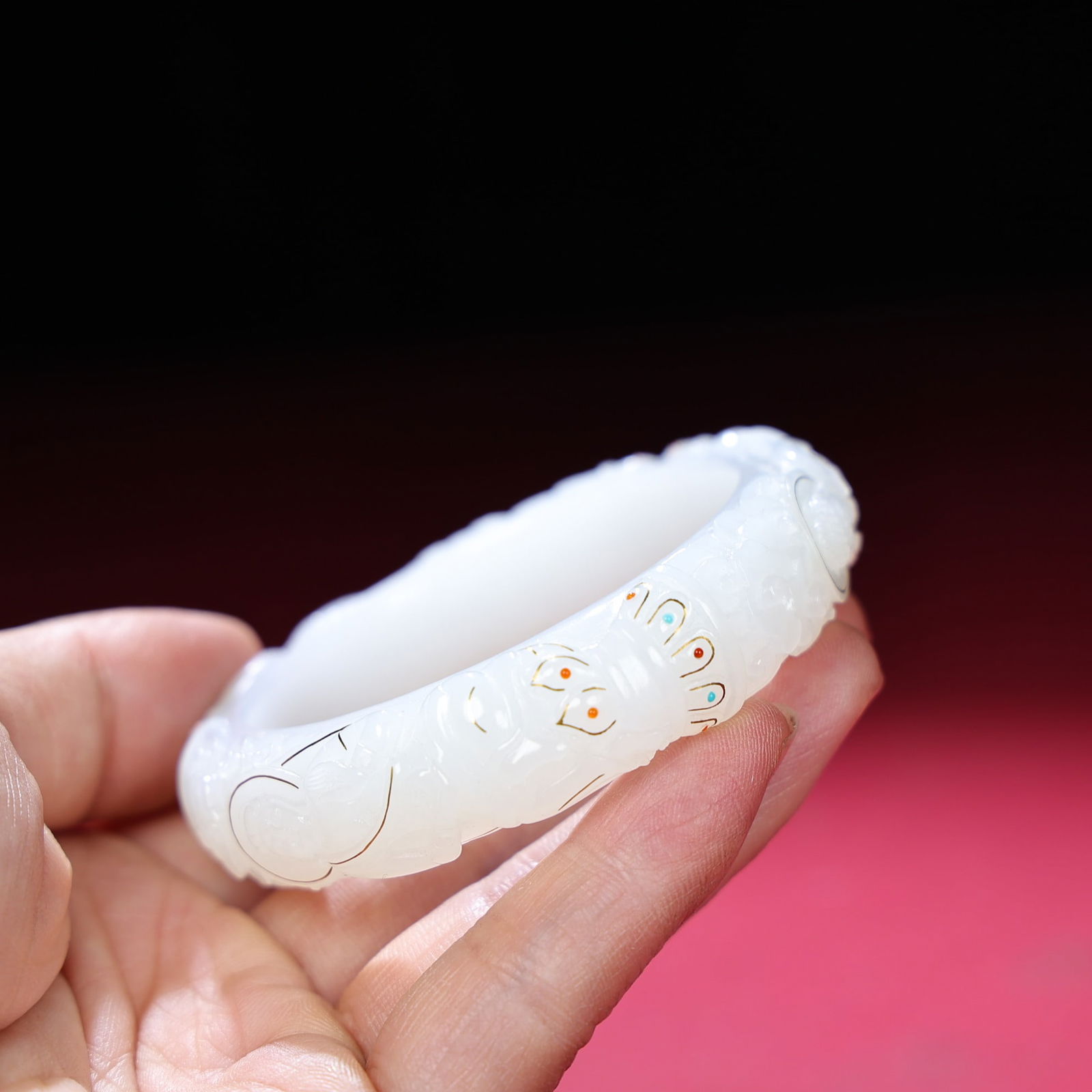 Inside Diameter 54mm Hetian jade inlay Gold,Silver Wire Gem Buddha Bracelet - 6