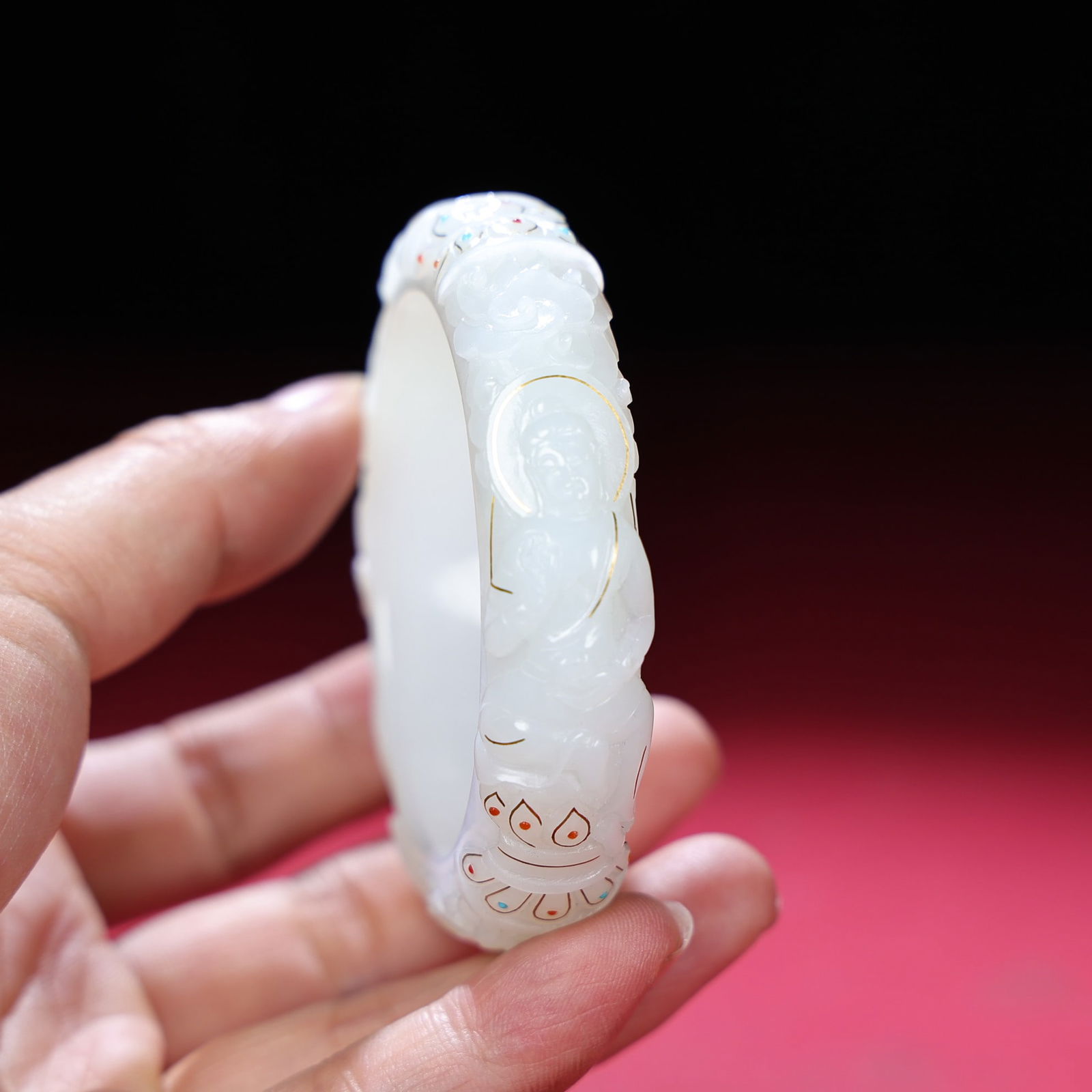 Inside Diameter 54mm Hetian jade inlay Gold,Silver Wire Gem Buddha Bracelet - 7