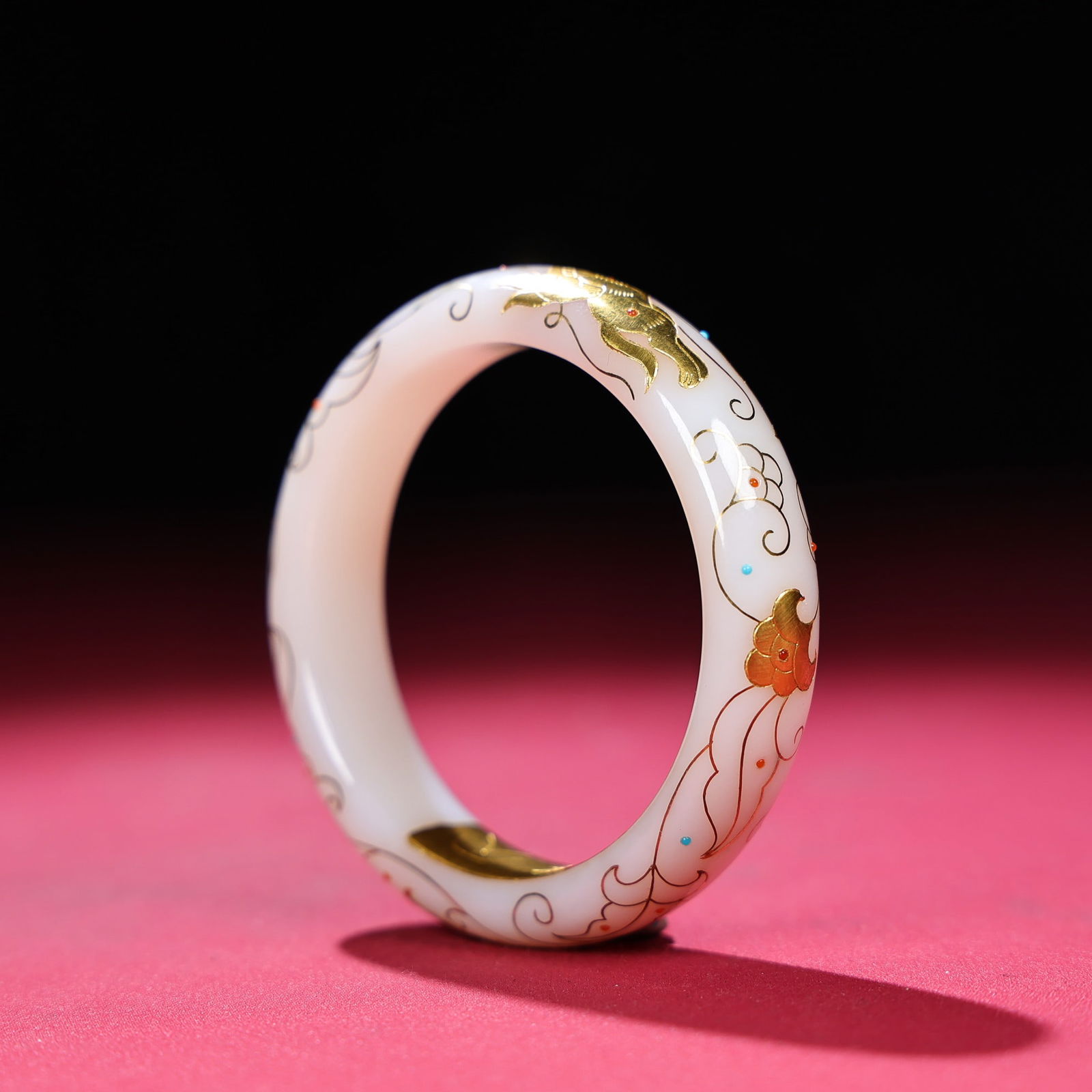 Inside Diameter 55mm Hetian jade inlay Gold,Silver & Gem Bracelet: Title: Inside Diameter 55mm Hetian jade inlay Gold,Silver & Gem Bracelet Origin: Chinese Date/Period: After1900 Materials: Hetian jade,Gold,Silver,Gem Dimensions: 71x14x8(mm) 2.80x0.55x0.31(inches)