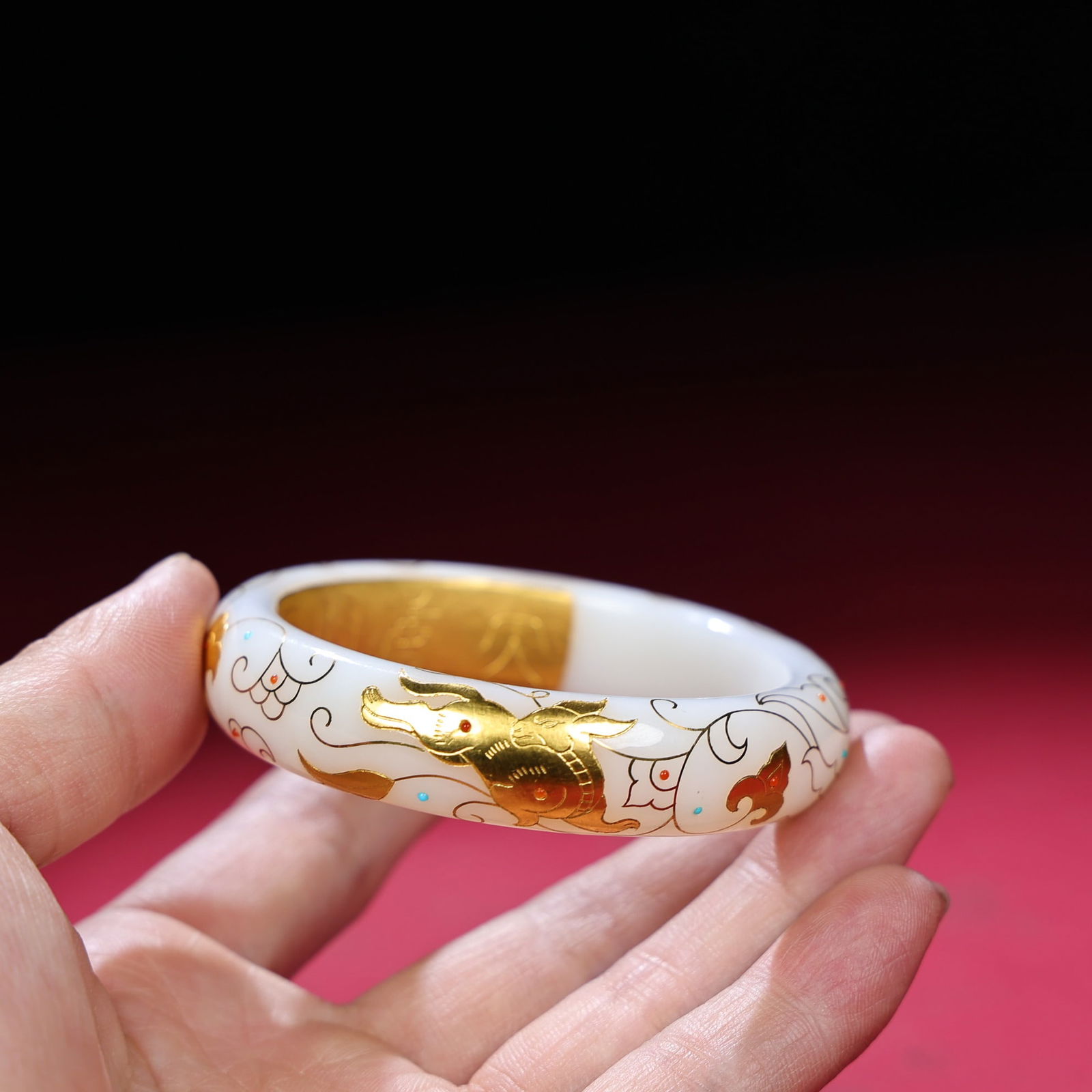 Inside Diameter 55mm Hetian jade inlay Gold,Silver & Gem Bracelet - 2