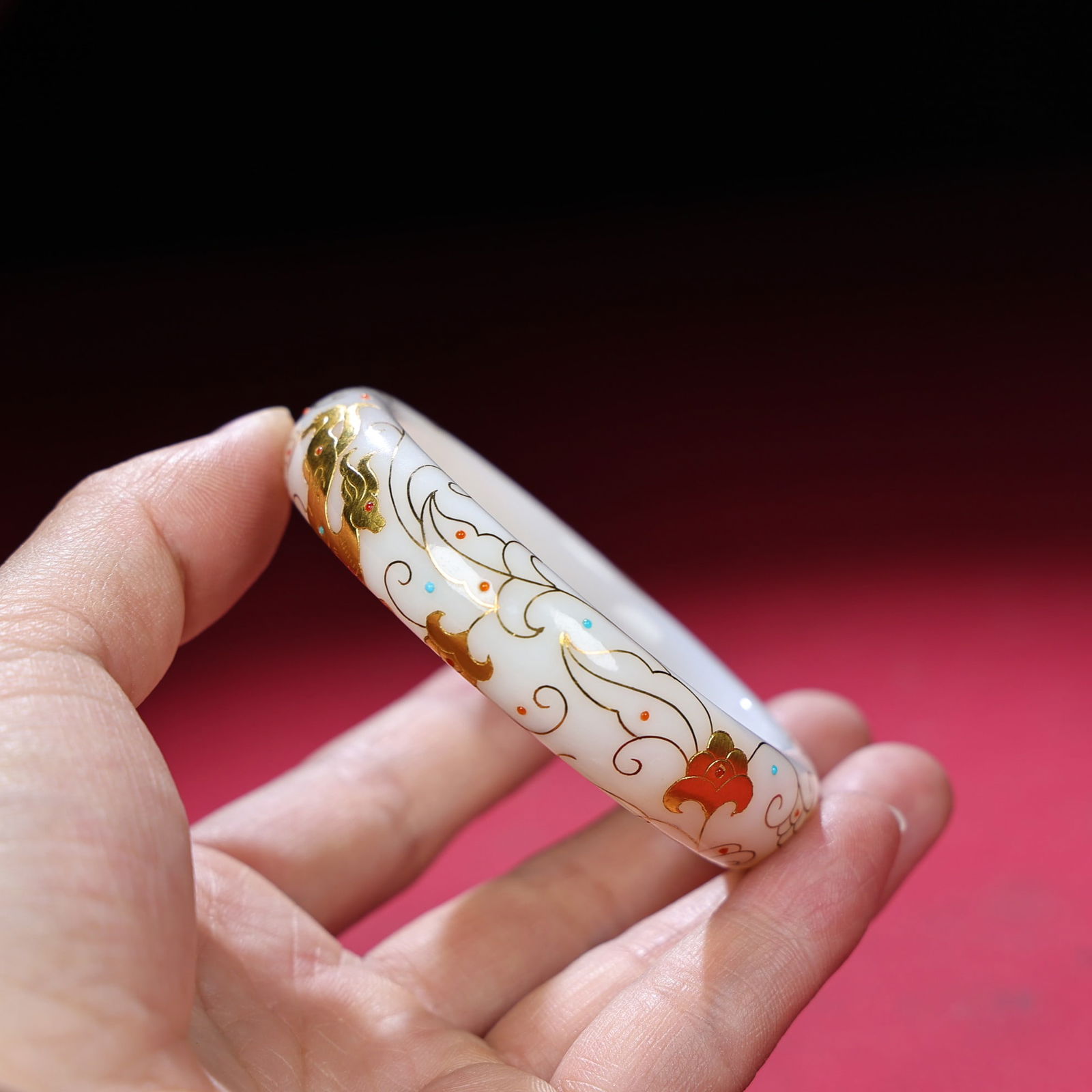 Inside Diameter 55mm Hetian jade inlay Gold,Silver & Gem Bracelet - 3