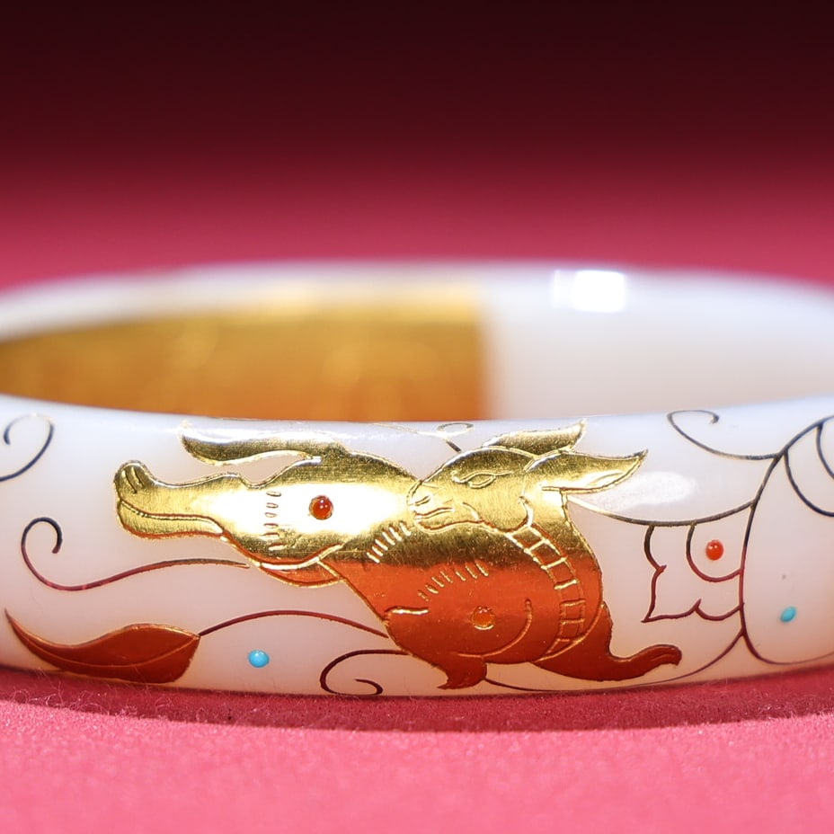 Inside Diameter 55mm Hetian jade inlay Gold,Silver & Gem Bracelet - 7