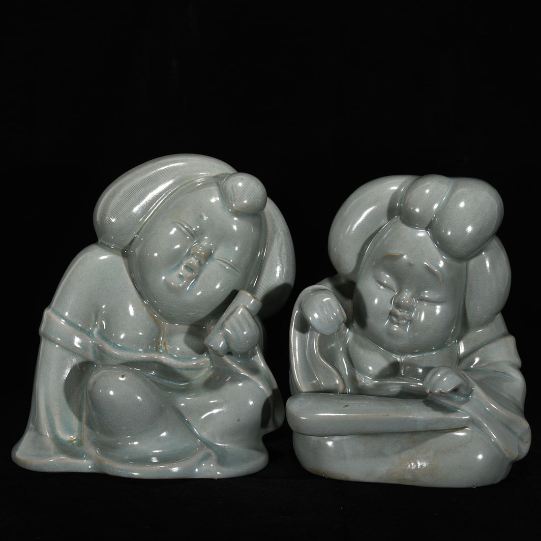 A Set Four Ru Kiln Sky Blue Glaze Porcelain Statue - lyre-playing, chess, calligraphy and painting - 10