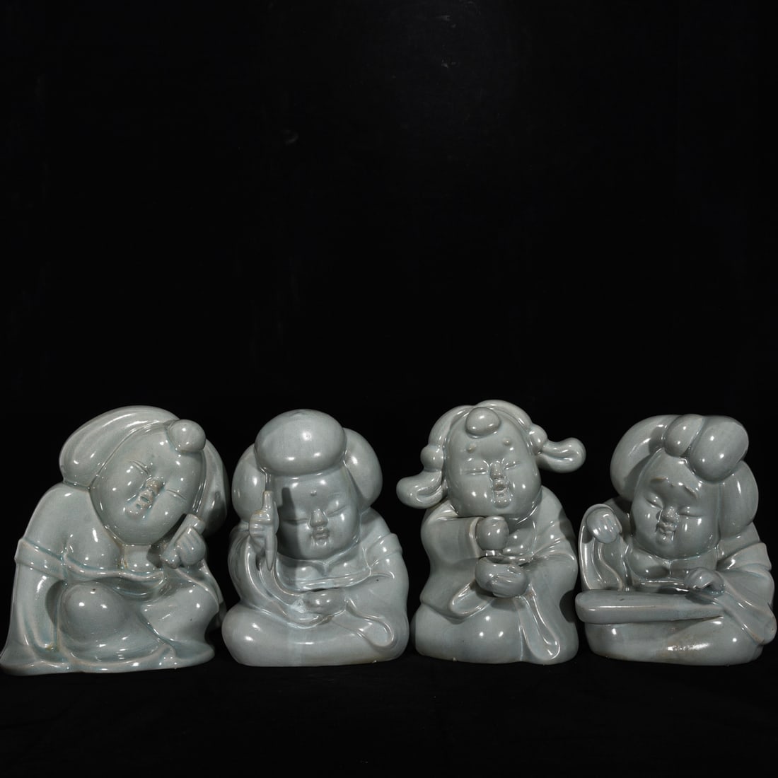 A Set Four Ru Kiln Sky Blue Glaze Porcelain Statue - lyre-playing, chess, calligraphy and painting: Title: A Set Four Ru Kiln Sky Blue Glaze Porcelain Statue - lyre-playing, chess, calligraphy and painting Origin: Chinese Date/Period: After1910 Materials: Porcelain Dimensions: 240x170(mm) 9.45x6.69(