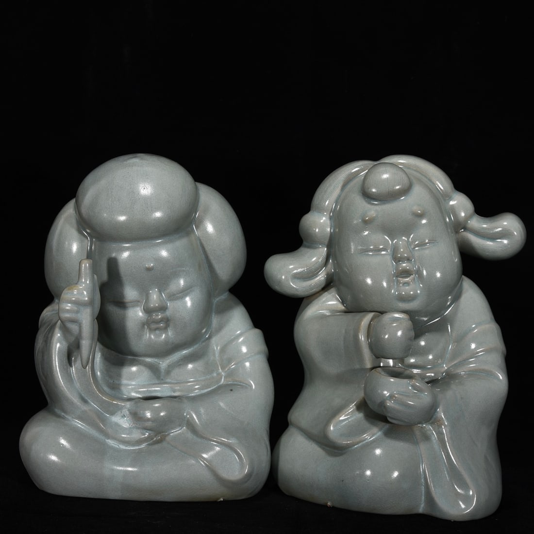 A Set Four Ru Kiln Sky Blue Glaze Porcelain Statue - lyre-playing, chess, calligraphy and painting - 2