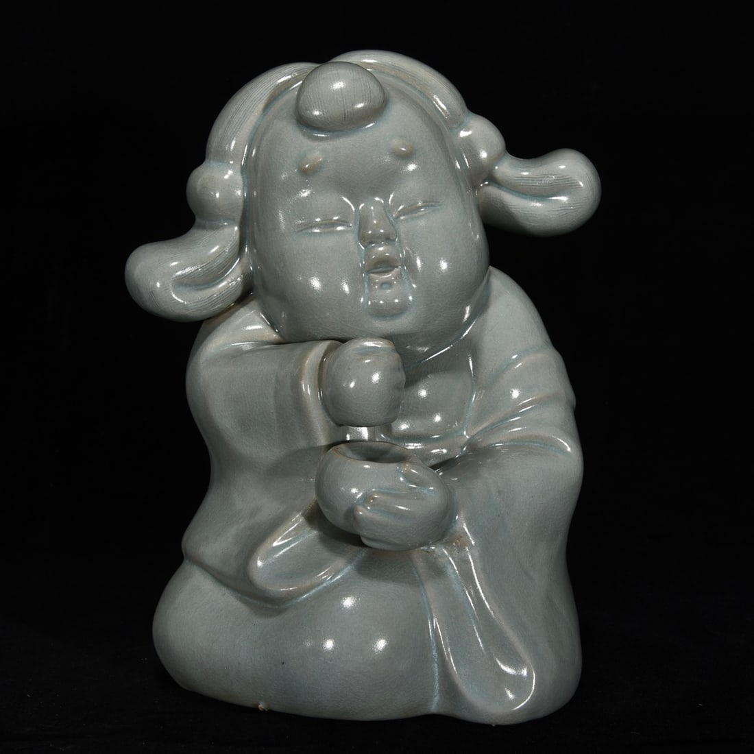 A Set Four Ru Kiln Sky Blue Glaze Porcelain Statue - lyre-playing, chess, calligraphy and painting - 4