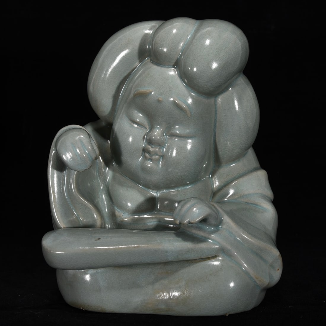 A Set Four Ru Kiln Sky Blue Glaze Porcelain Statue - lyre-playing, chess, calligraphy and painting - 9