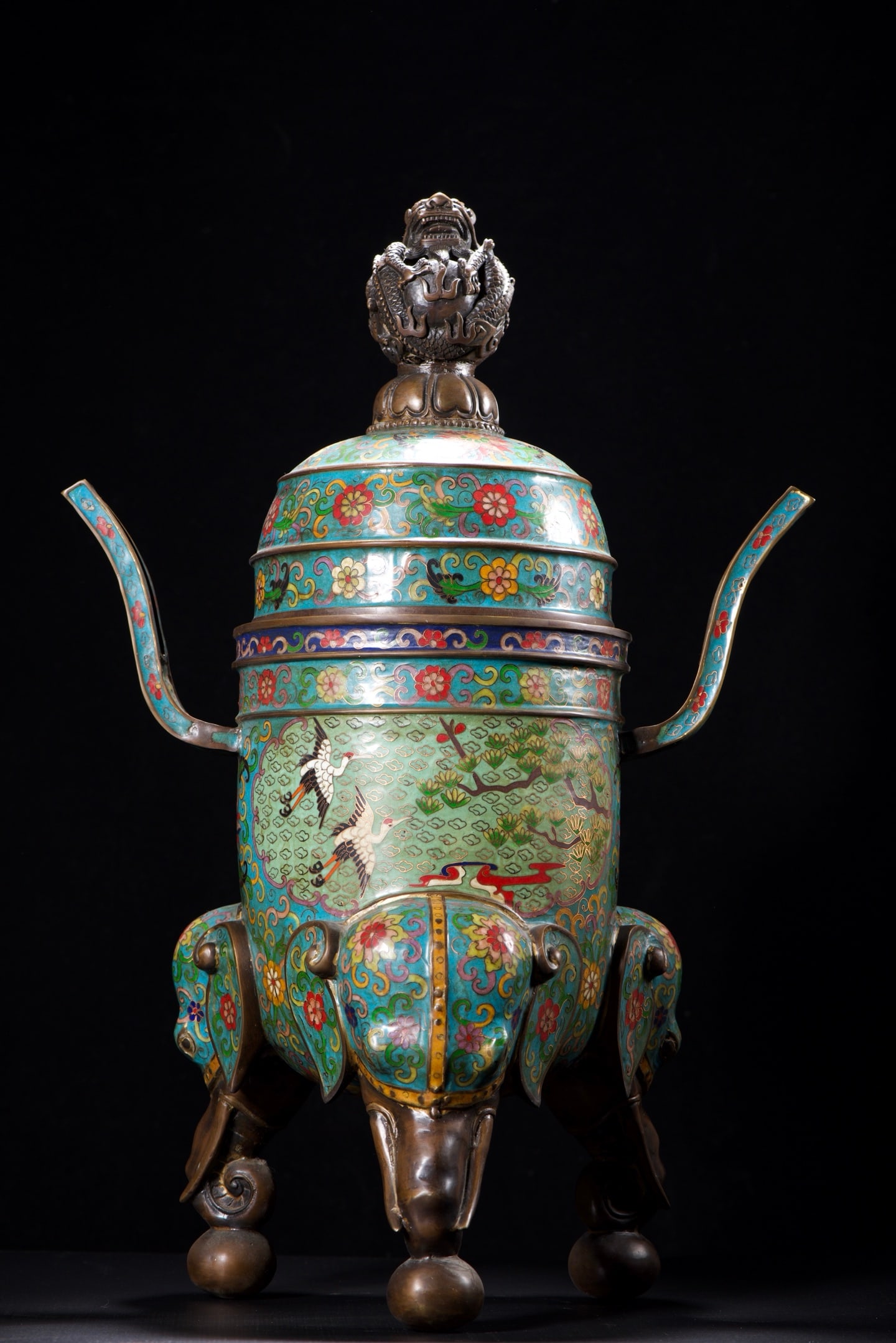 Bronze Cloisonne Elephant Incense Burner w Crane & Pine Tree Design: Title: Bronze Cloisonne Elephant Incense Burner w Crane & Pine Tree Design Origin: Chinese Date/Period: After1850 Materials: Bronze Cloisonne Dimensions: 610x420x180(mm) 24.02x16.54x7.09(inches) Weigh