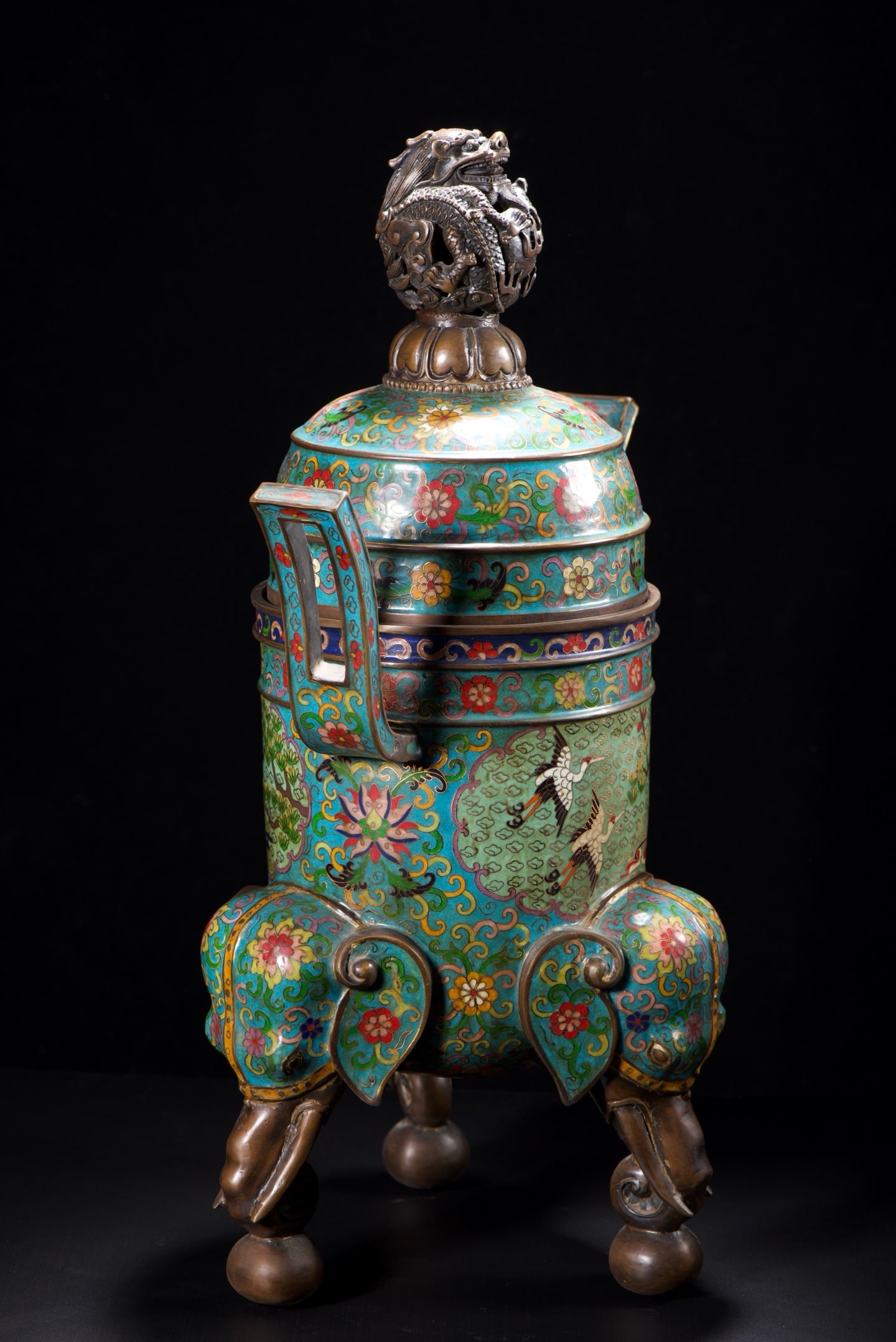 Bronze Cloisonne Elephant Incense Burner w Crane & Pine Tree Design - 2