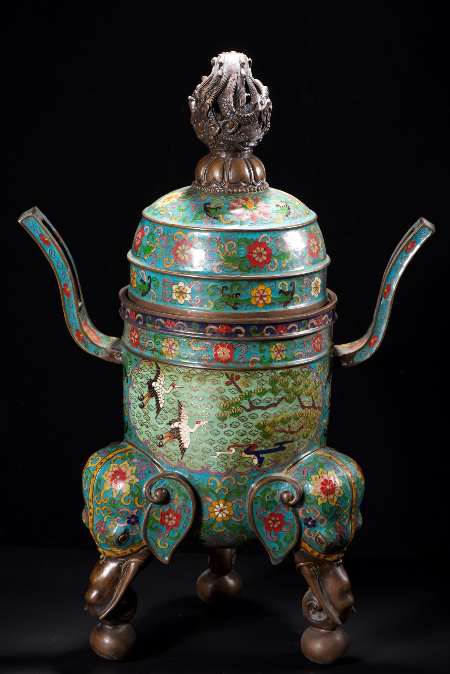 Bronze Cloisonne Elephant Incense Burner w Crane & Pine Tree Design - 3