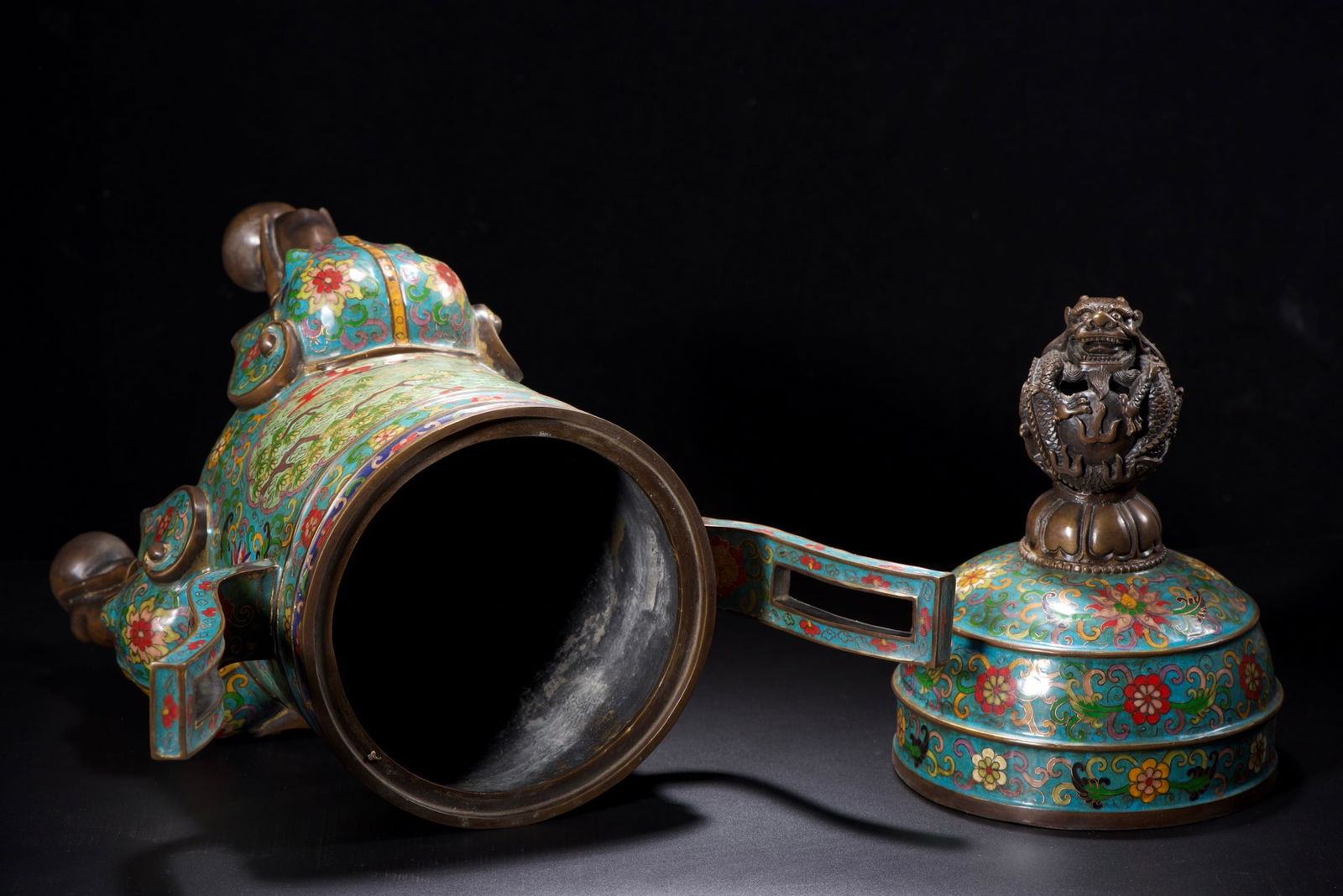 Bronze Cloisonne Elephant Incense Burner w Crane & Pine Tree Design - 5