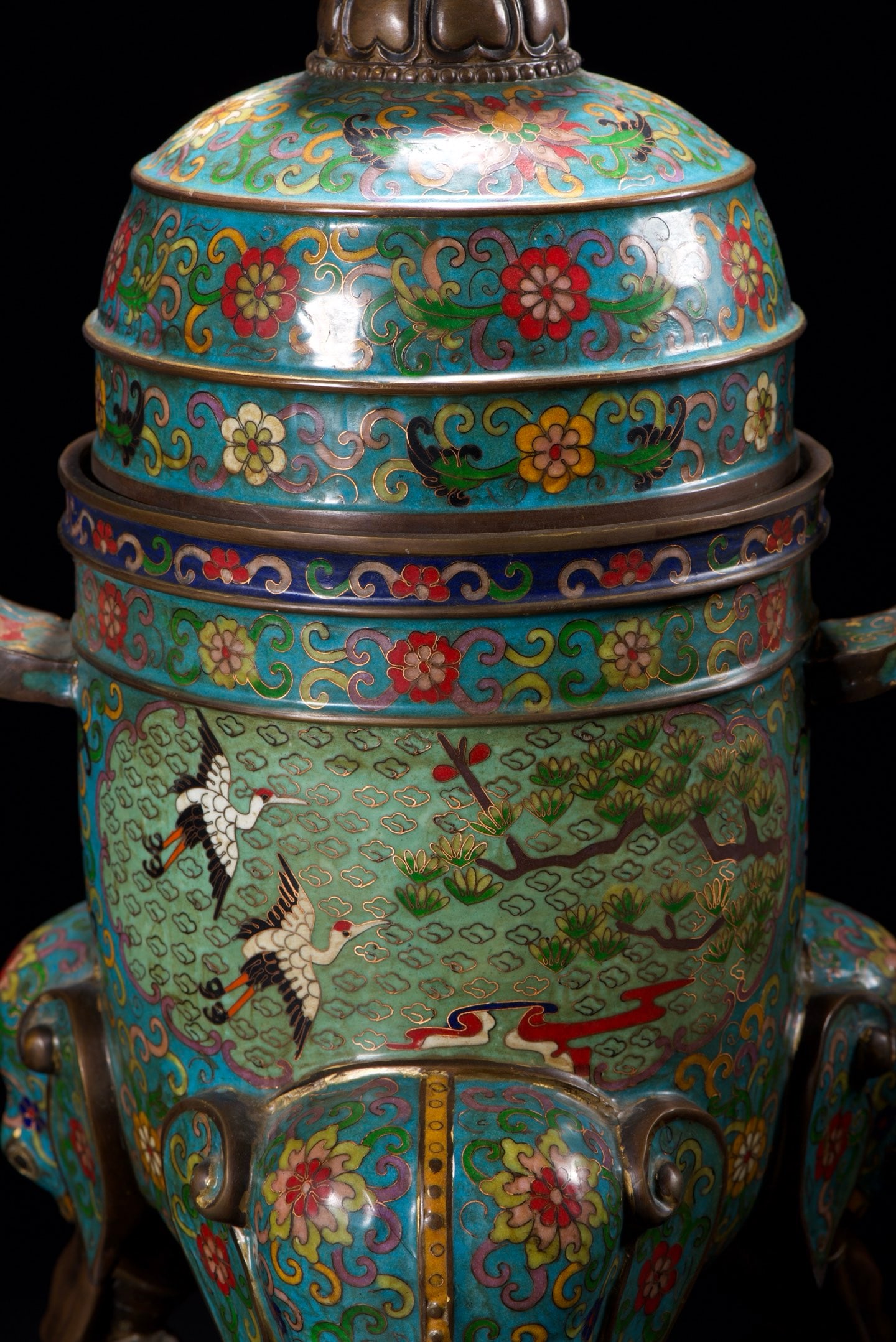 Bronze Cloisonne Elephant Incense Burner w Crane & Pine Tree Design - 8