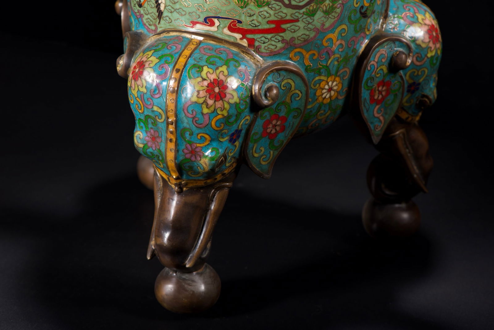 Bronze Cloisonne Elephant Incense Burner w Crane & Pine Tree Design - 9