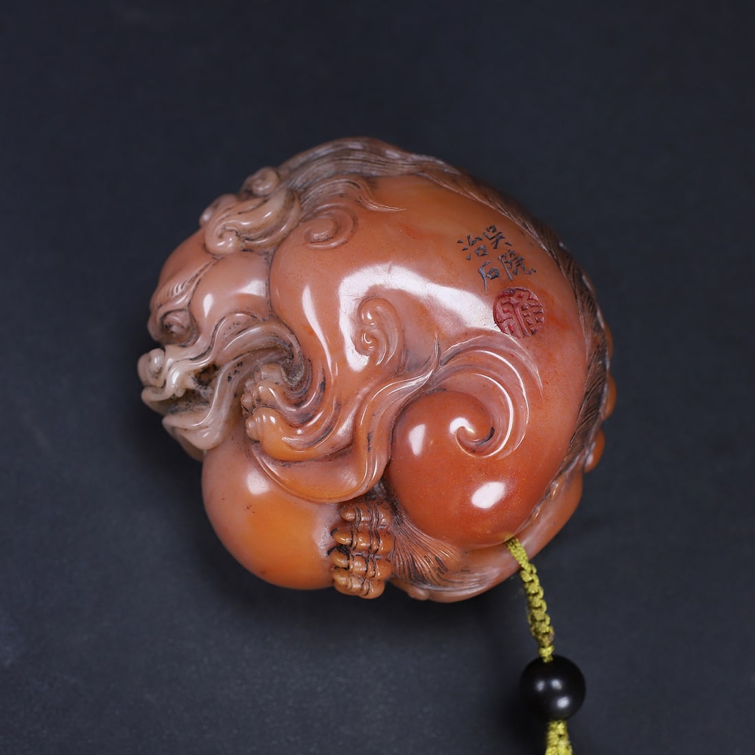 Shoushan Stone Hand-carved Lion Pendant w Wood Box - 2