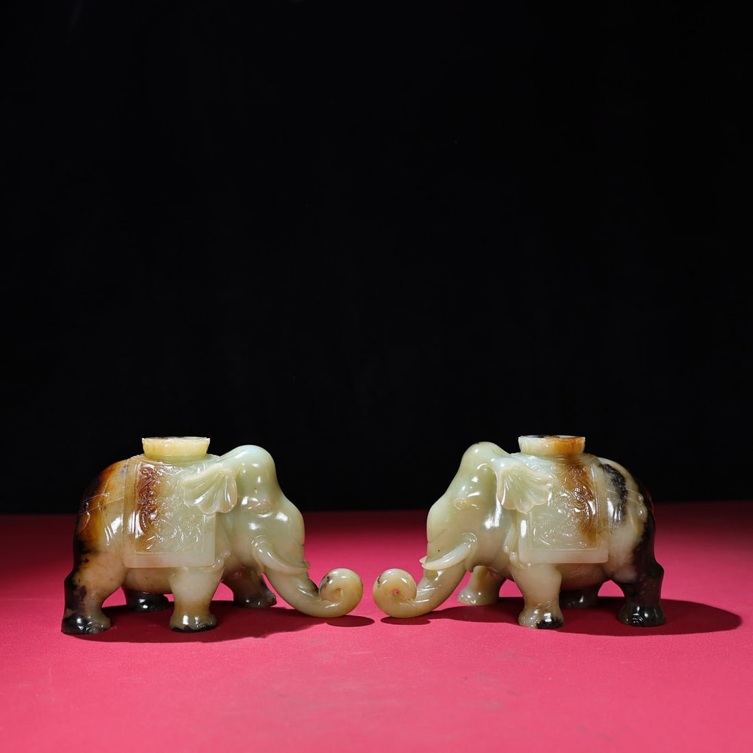 A Pair Hetian Jade Elephant Candlestick Statue: Title: A Pair Hetian Jade Elephant Candlestick Statue Origin: Chinese Date/Period: After1800 Materials: Hetian Jade Dimensions: 166x75x105(mm) 6.54x2.95x4.13(inches) Weight 3.22 lbs/1462g Reserve: $19