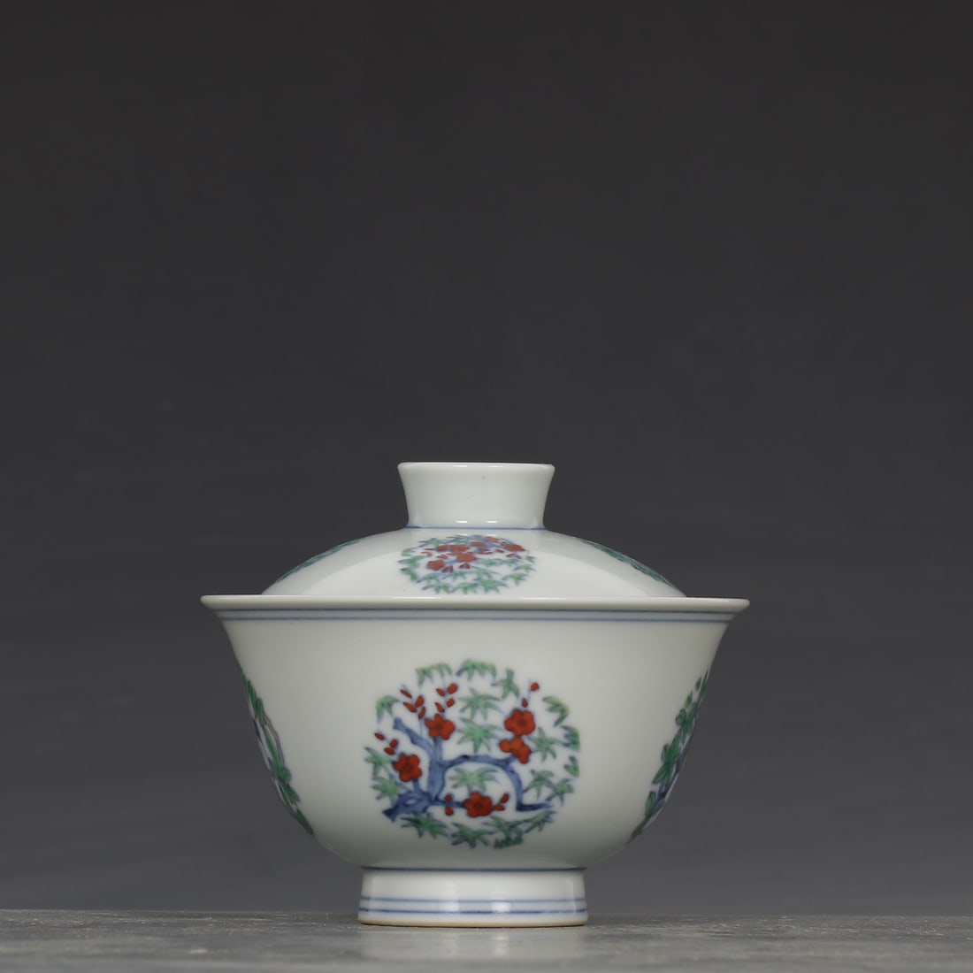 Doucai Porcelain Teabowl w Flower Design,Box - 2