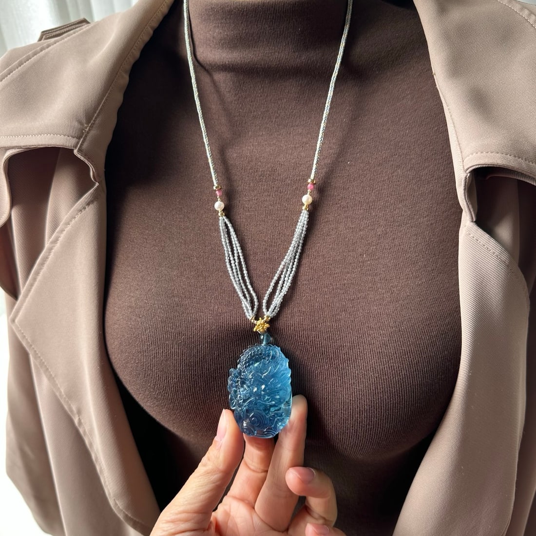 Natural Aquamarine Hand-carved Dragon Pendant with Certificate - 5