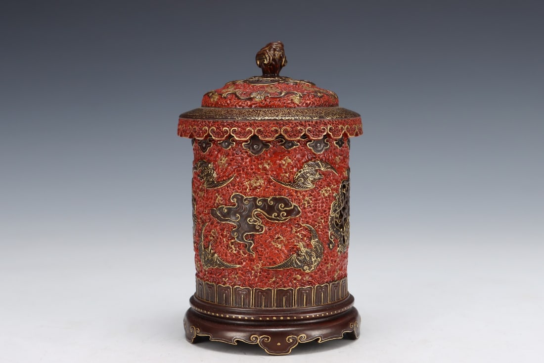 Gilt Gold Iron Red Glaze Porcelain Incense Burner w Box - 2