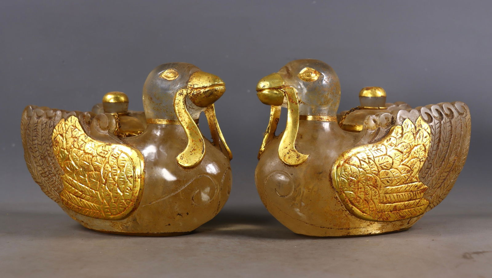 A Pair Gilt Gold Crystal Mandarin Duck Pot Statue - 2