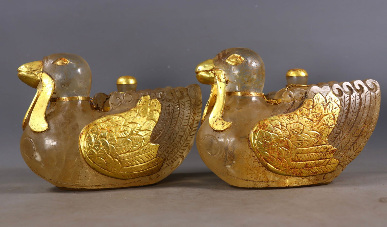 A Pair Gilt Gold Crystal Mandarin Duck Pot Statue - 3