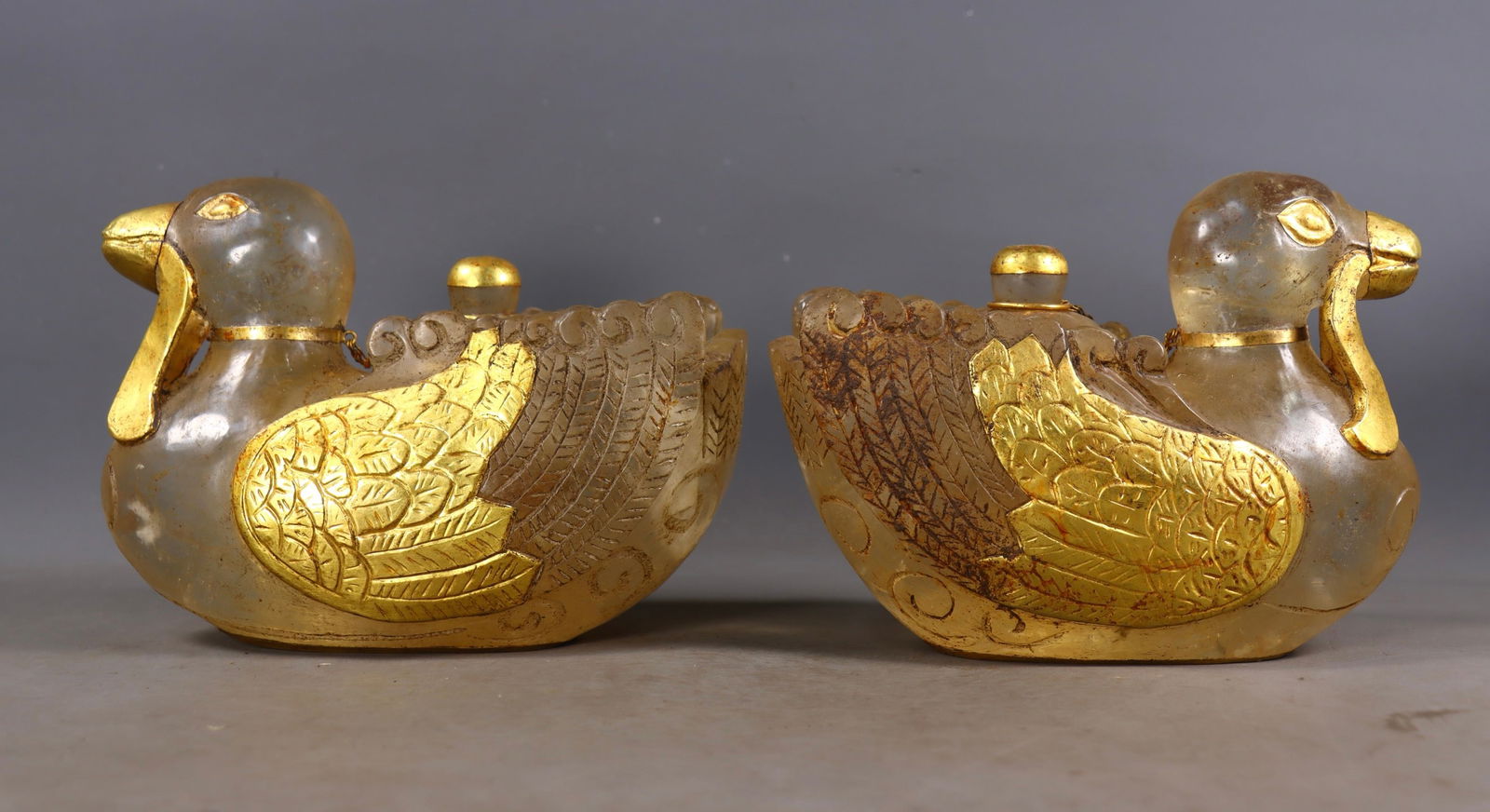 A Pair Gilt Gold Crystal Mandarin Duck Pot Statue - 5