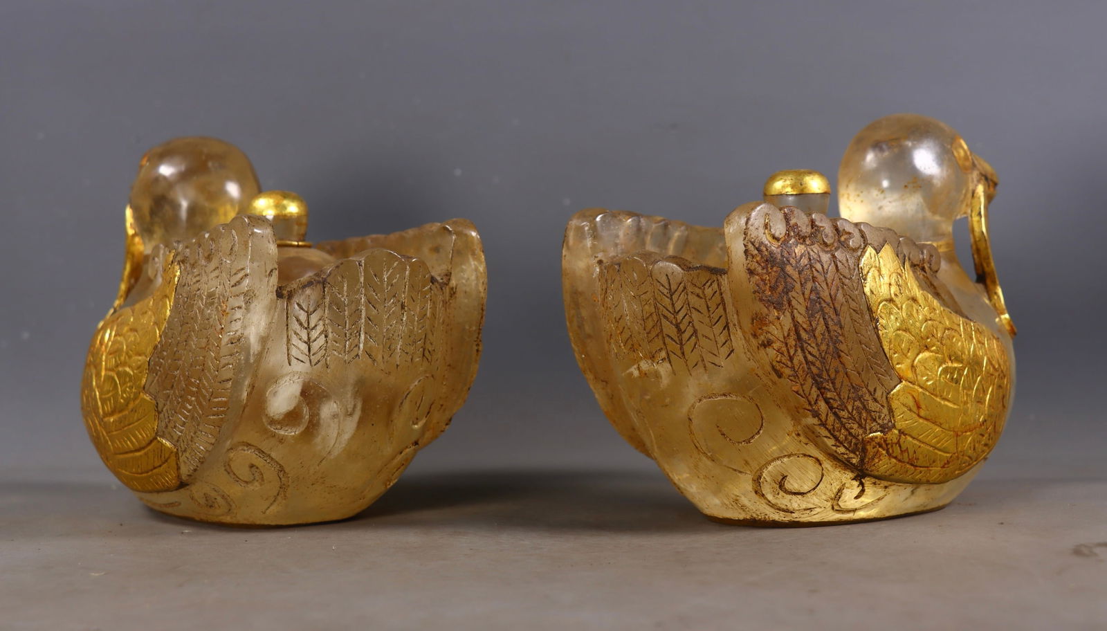 A Pair Gilt Gold Crystal Mandarin Duck Pot Statue - 6