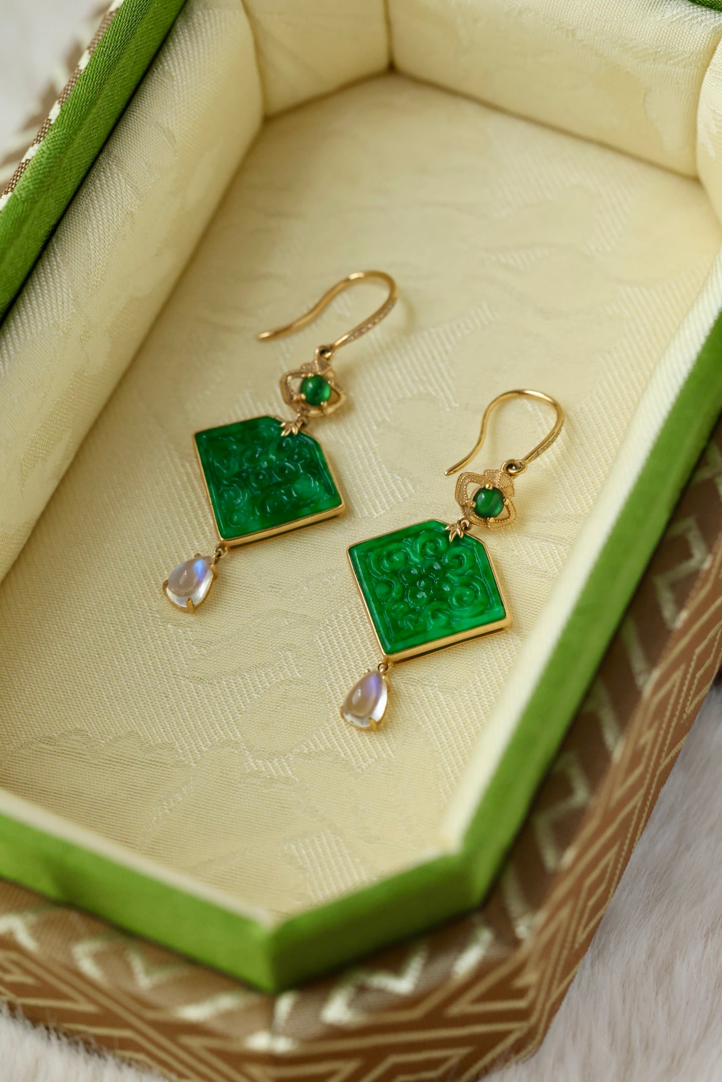 A Pair 18k Gold Inlay Green Hetian Jade Earrings - 2