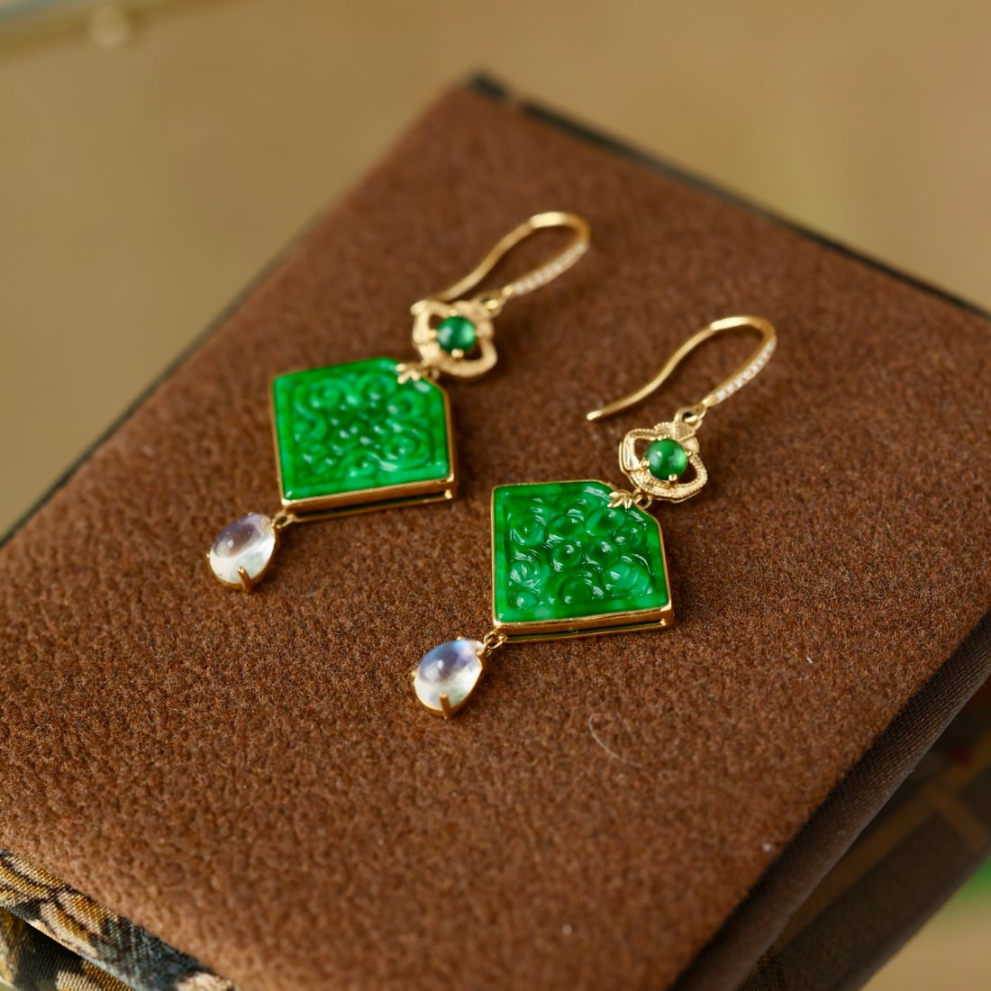 A Pair 18k Gold Inlay Green Hetian Jade Earrings - 3