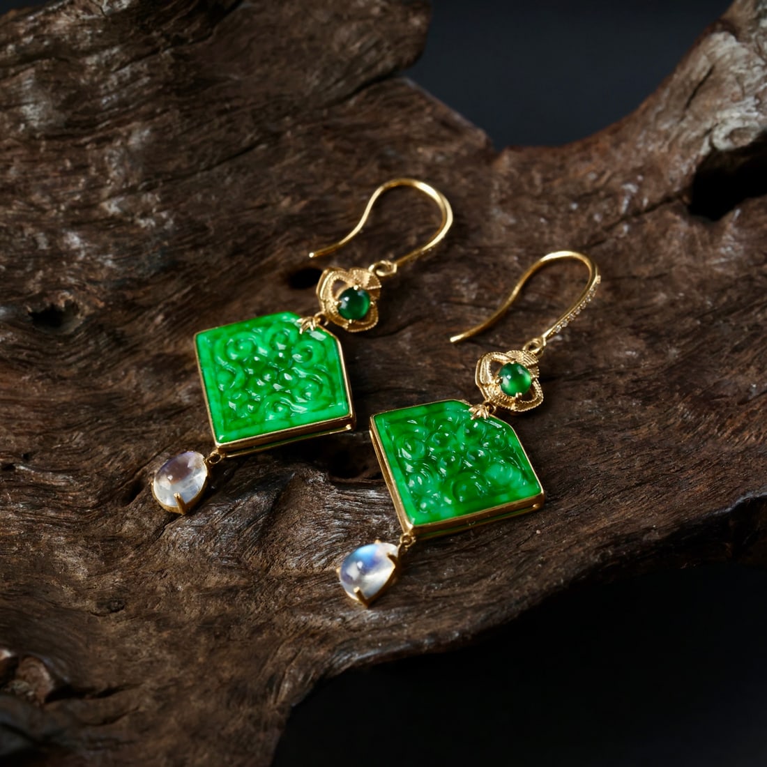 A Pair 18k Gold Inlay Green Hetian Jade Earrings - 4