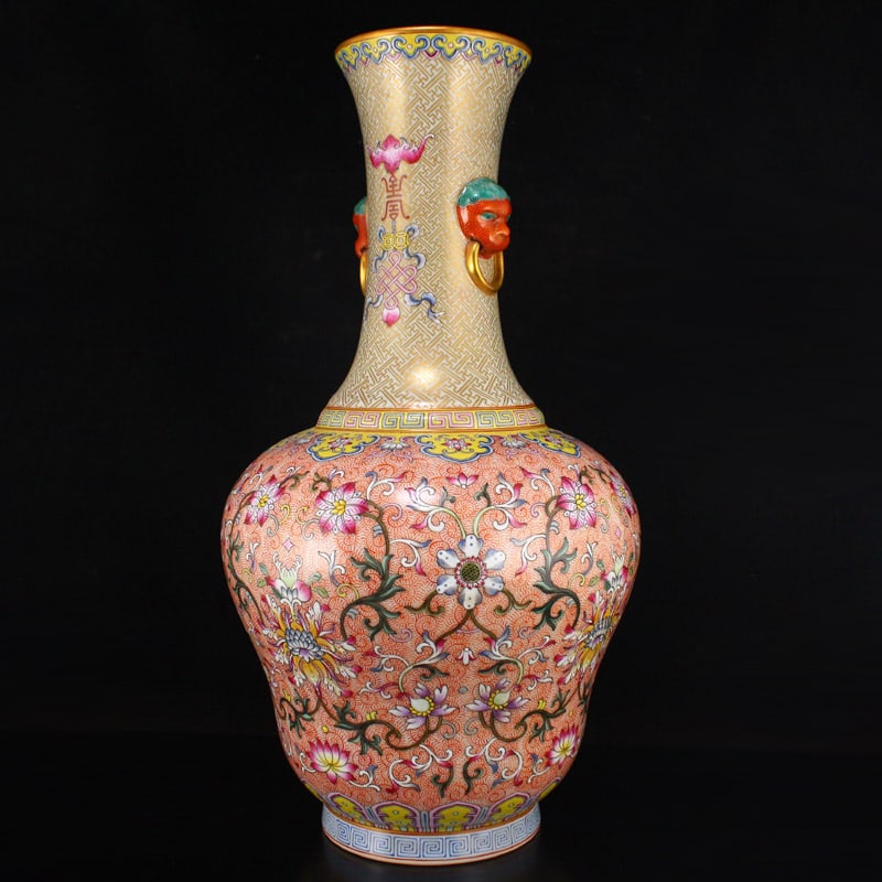 Famille Rose Double Ears Porcelain Big Vase - Flower,Gilt Gold (1 of 10)