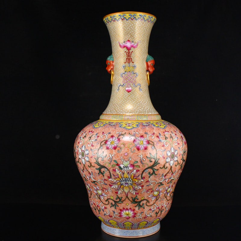 Famille Rose Double Ears Porcelain Big Vase - Flower,Gilt Gold - 2