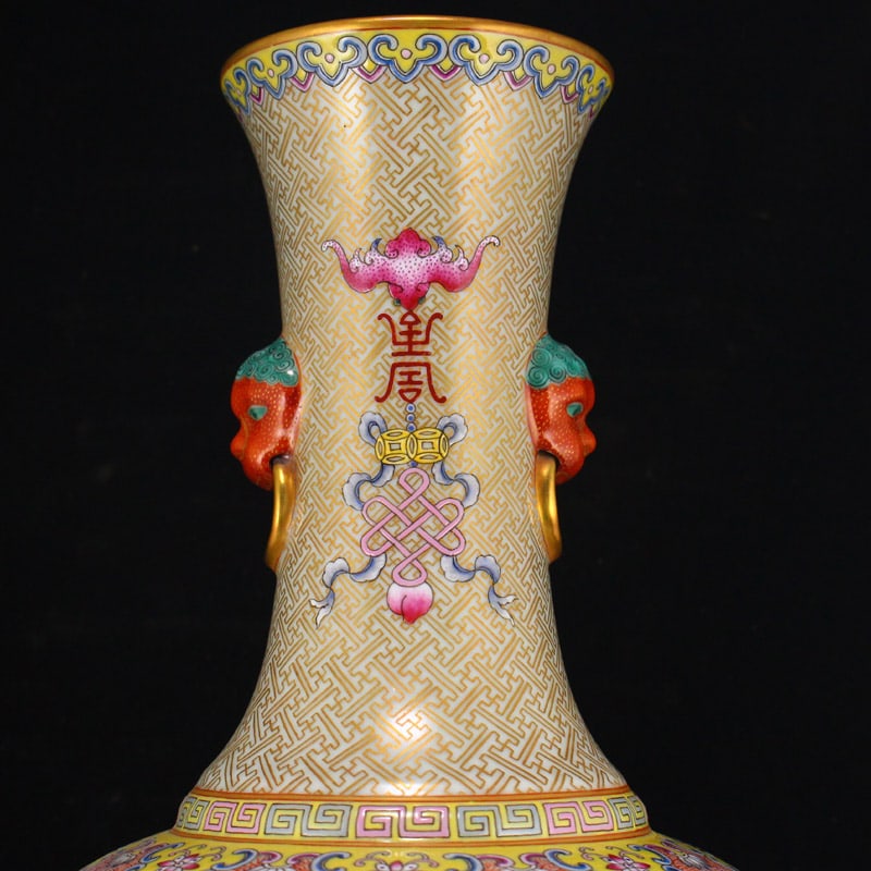 Famille Rose Double Ears Porcelain Big Vase - Flower,Gilt Gold - 4