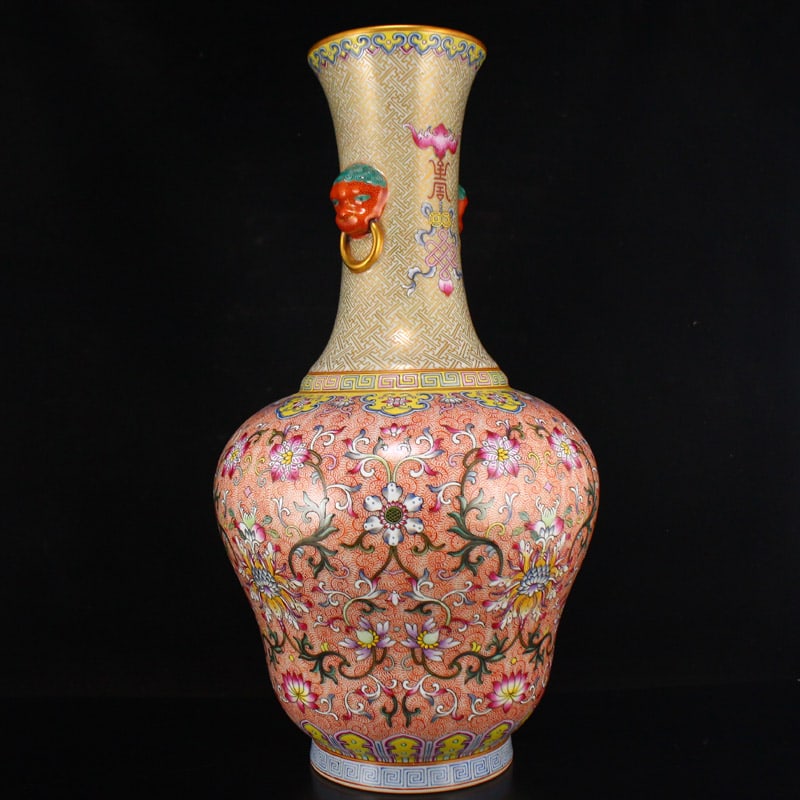 Famille Rose Double Ears Porcelain Big Vase - Flower,Gilt Gold - 6