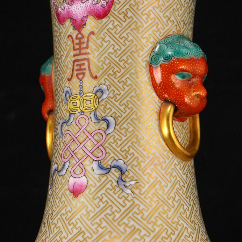 Famille Rose Double Ears Porcelain Big Vase - Flower,Gilt Gold - 8