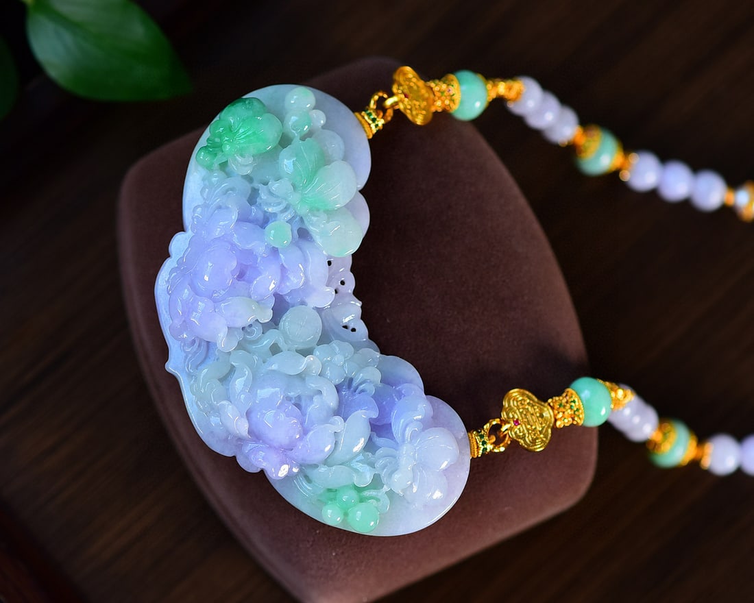 Purple Green Jadeite Hand-Carved Flower Butterfly Pendant with Necklace - 3