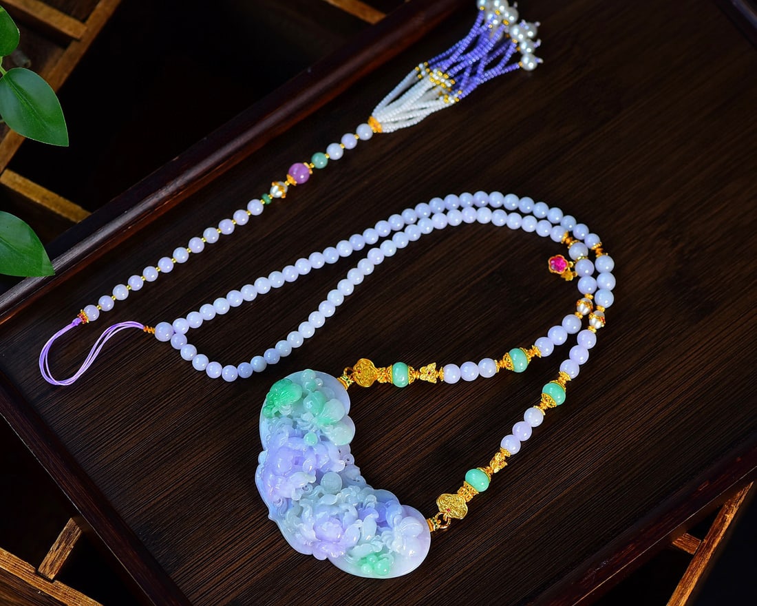 Purple Green Jadeite Hand-Carved Flower Butterfly Pendant with Necklace - 4