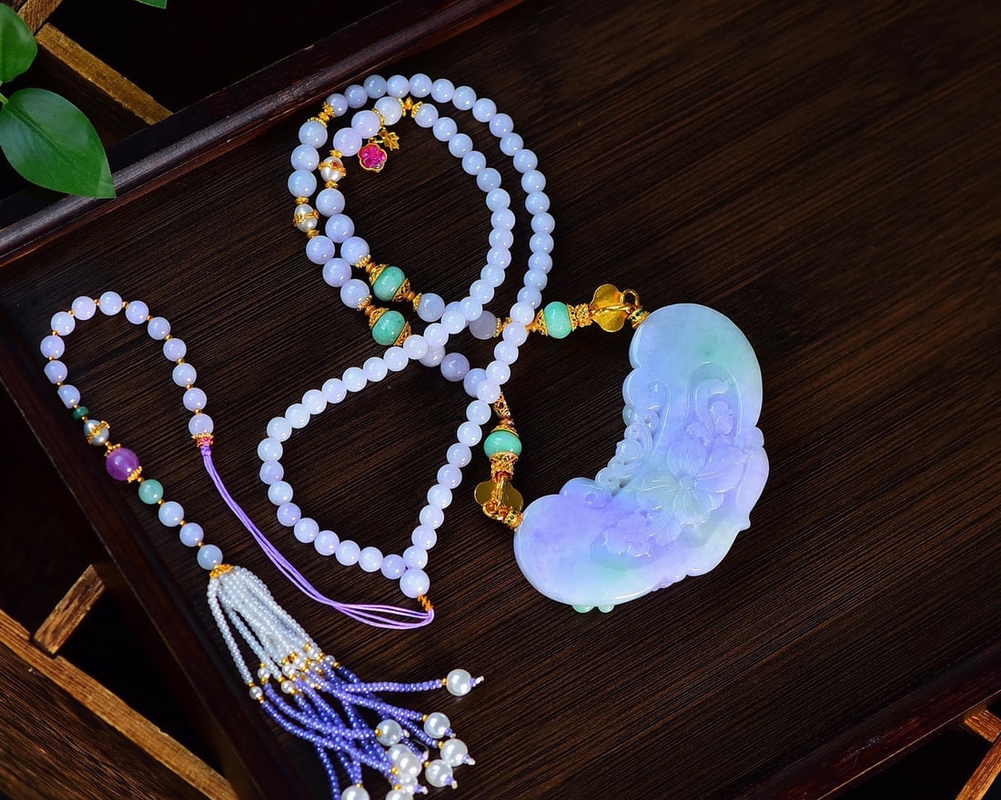 Purple Green Jadeite Hand-Carved Flower Butterfly Pendant with Necklace - 5