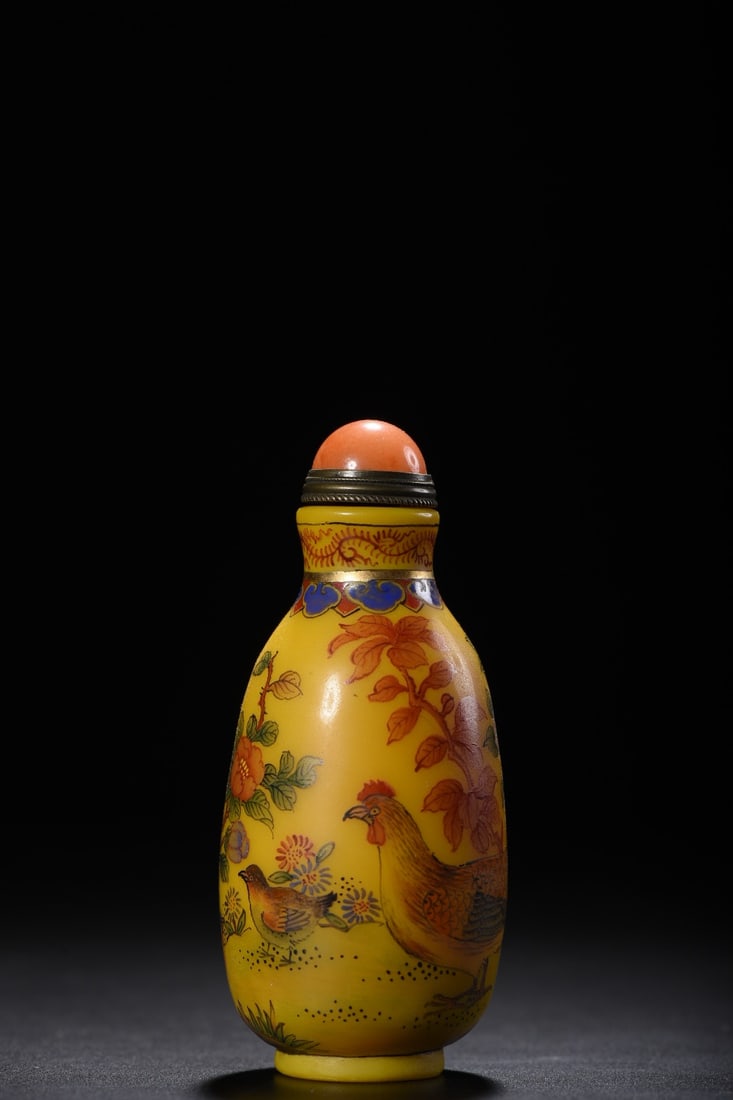 Yellow Peking Glass Snuff Bottle - Rooster,Flower (1 of 9)