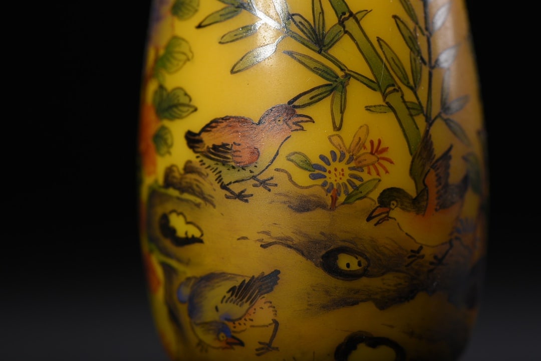 Yellow Peking Glass Snuff Bottle - Rooster,Flower - 6