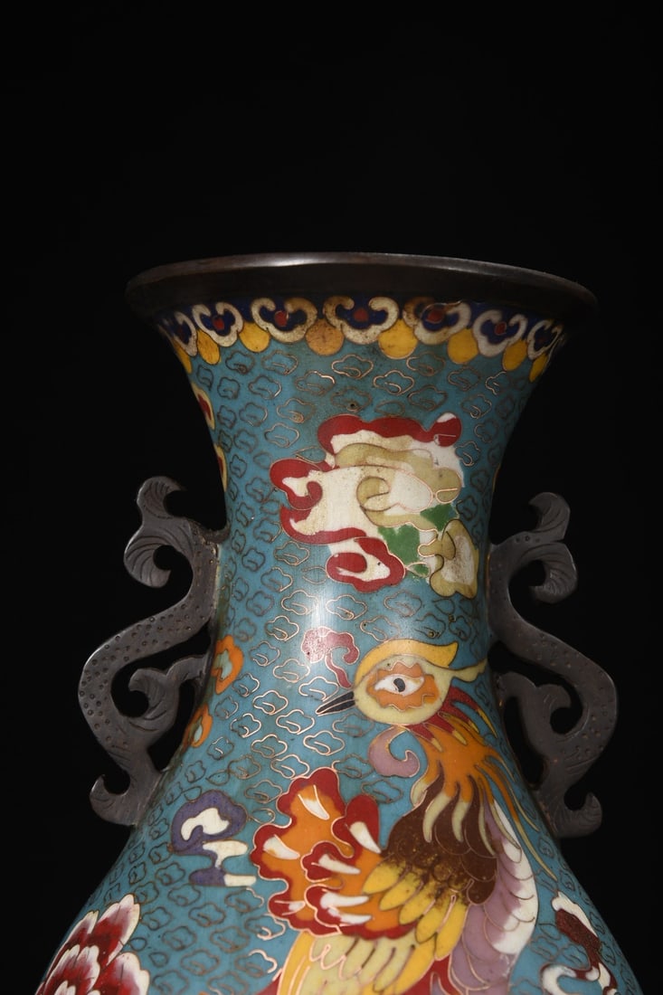 A Pair Bronze Cloisonne Vase - Dragon,Phoenix - 2