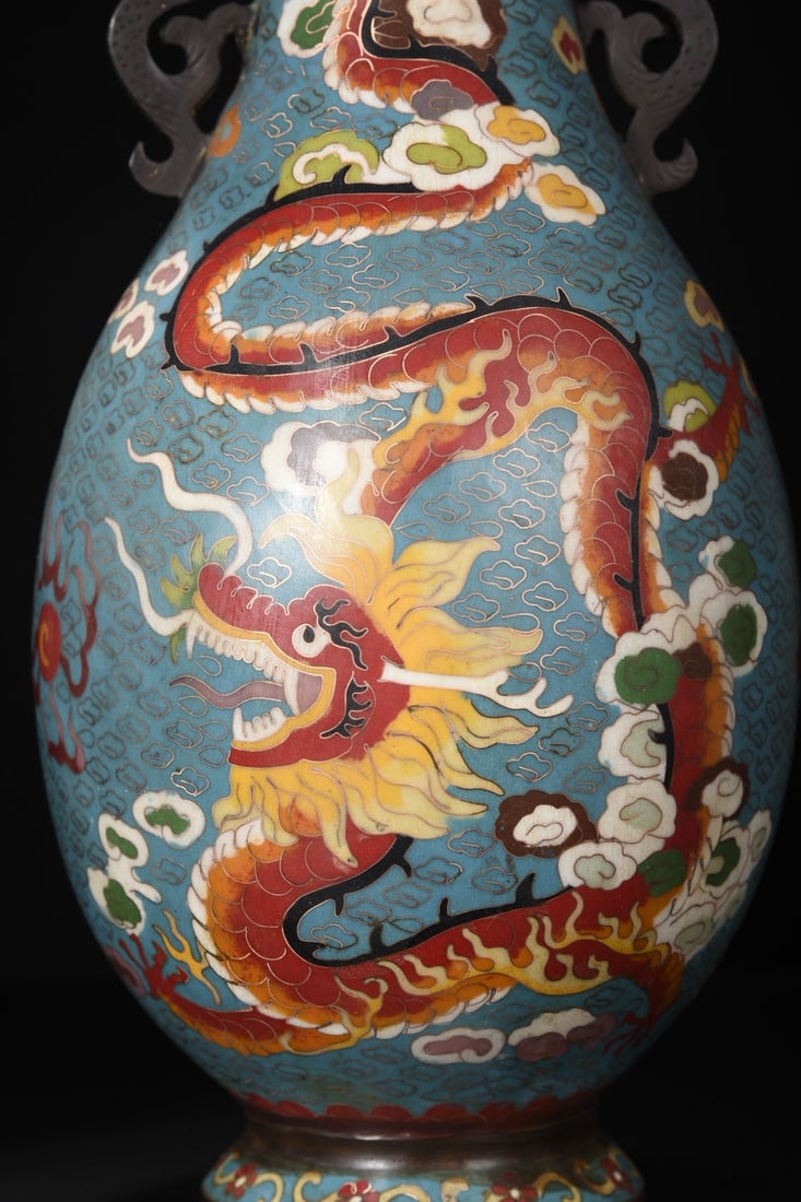 A Pair Bronze Cloisonne Vase - Dragon,Phoenix - 3