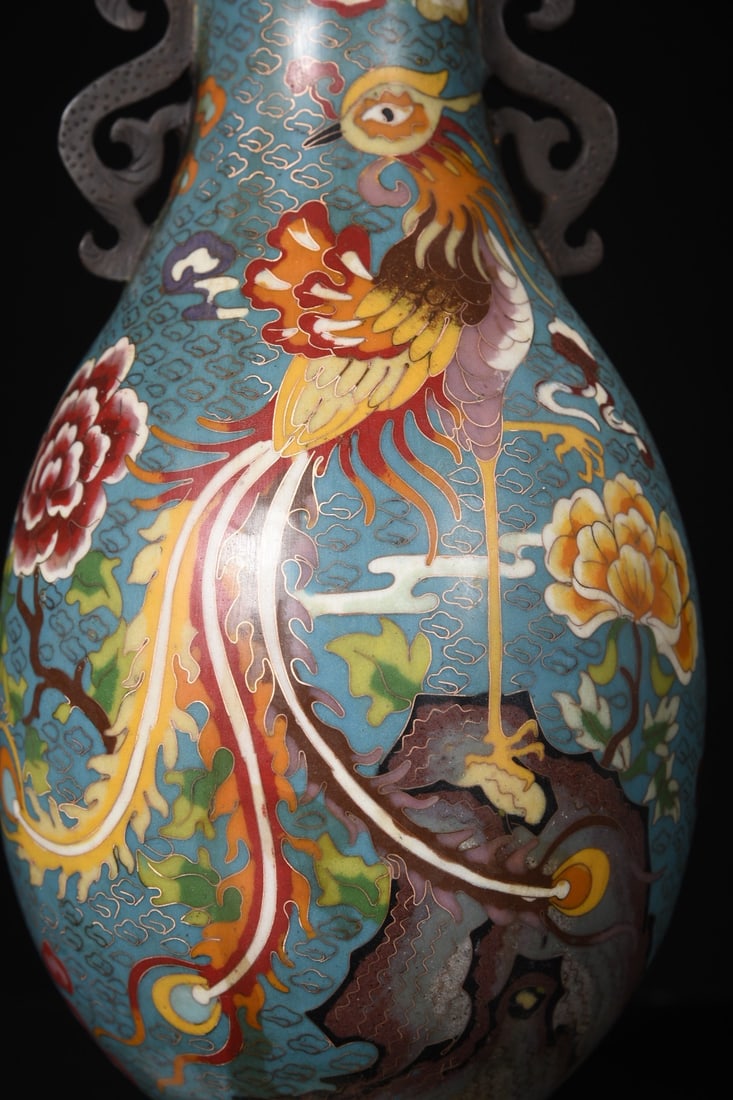 A Pair Bronze Cloisonne Vase - Dragon,Phoenix - 4