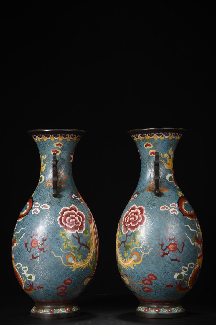 A Pair Bronze Cloisonne Vase - Dragon,Phoenix - 5