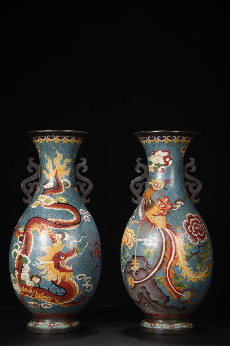 A Pair Bronze Cloisonne Vase - Dragon,Phoenix - 6