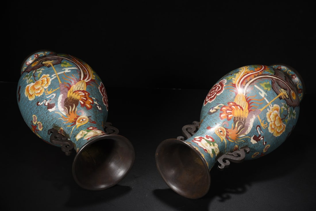 A Pair Bronze Cloisonne Vase - Dragon,Phoenix - 8