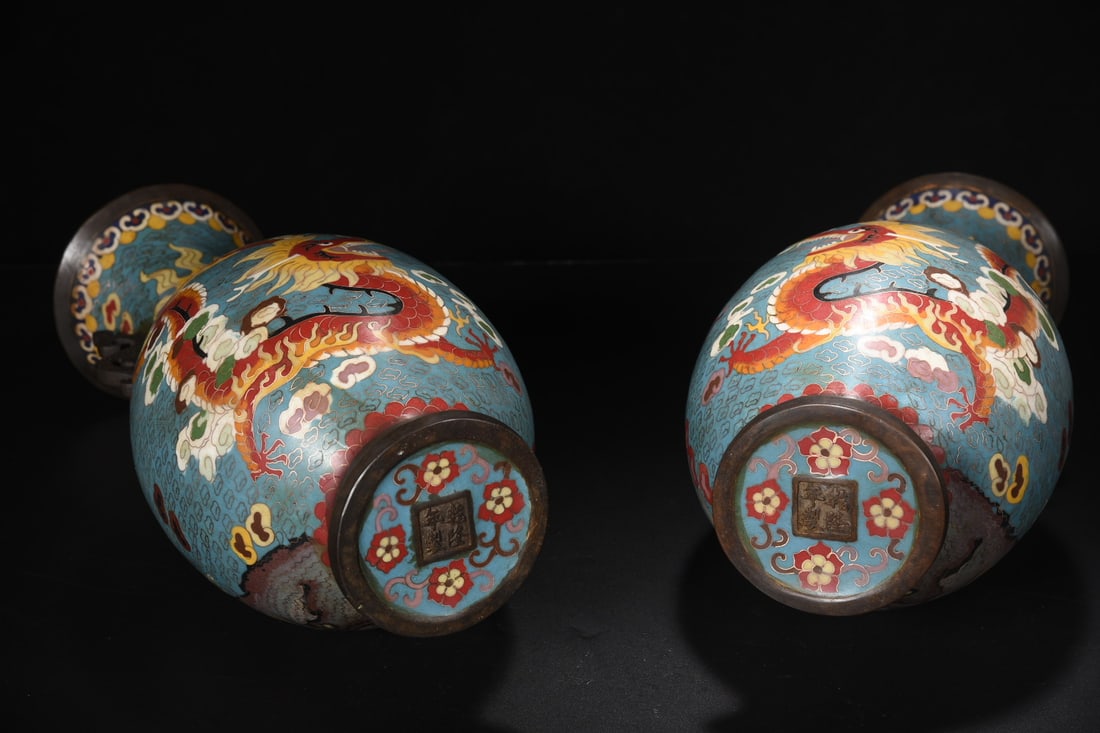 A Pair Bronze Cloisonne Vase - Dragon,Phoenix - 9