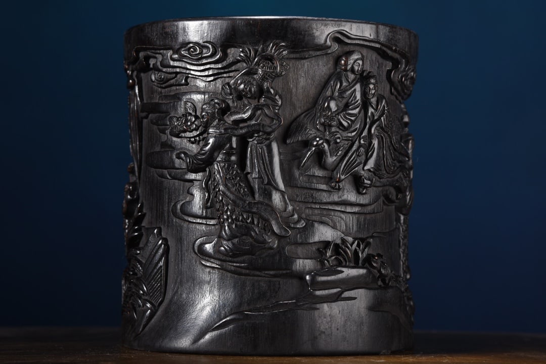 Wood Hand-Carved Figure Brush Pot - 6