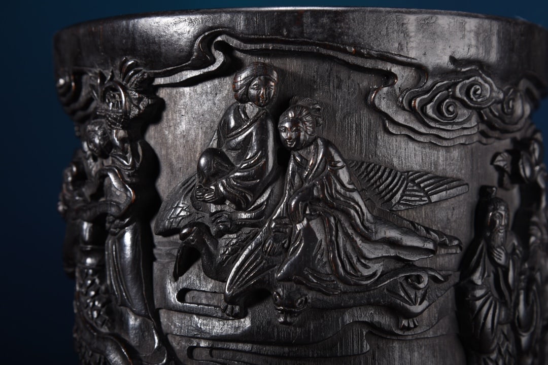 Wood Hand-Carved Figure Brush Pot - 7